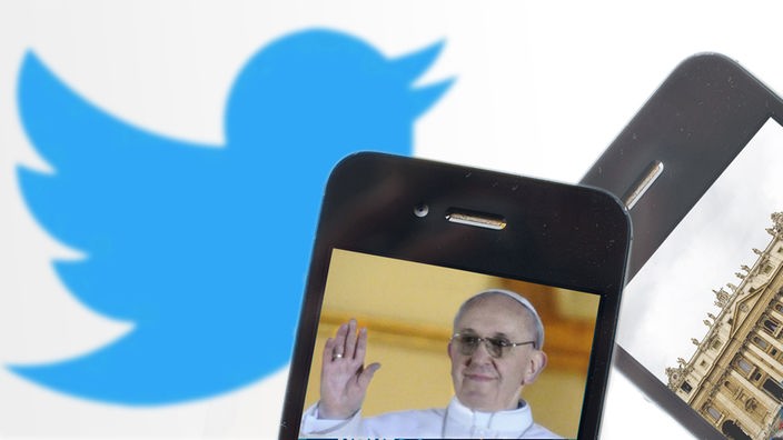 Montage: Twitterlogo mit Smartphones in deren Displays der Papst und der Petersdom