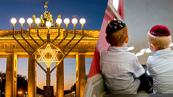 Bildmontage: links Chanukka-Leuchter vor dem Brandenburger Tor, rechts zwei kleine Jungen mit Kippas von hinten