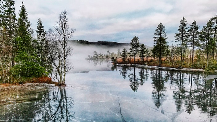 Die Ausläufer eine Fjord, die zugefroren sind, ein Nebel zieht über das Eis hinweg.