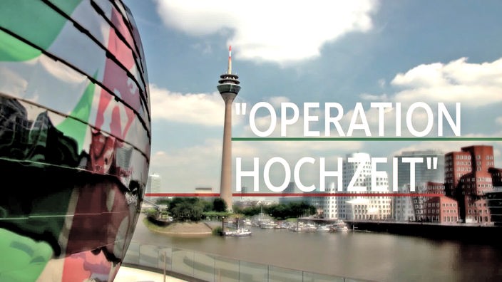 Titelgrafik: Blick auf das Landesparlament, den Rhein und die Düssledorfer Skyline, darauf Schrift "Operation Hochzeit