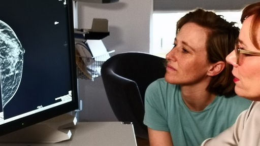 Zwei personen schauen auf ein Computerbildschrim. Es ist eine Mammographie der weiblichen Brust zu sehen