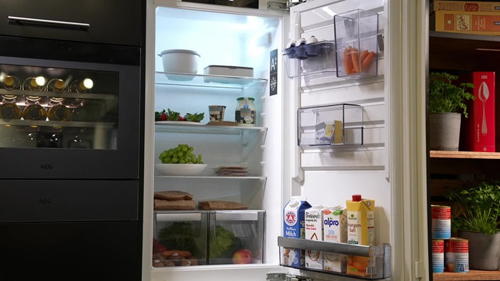 Das Bild zeigt einen geöffneten Kühlschrank.