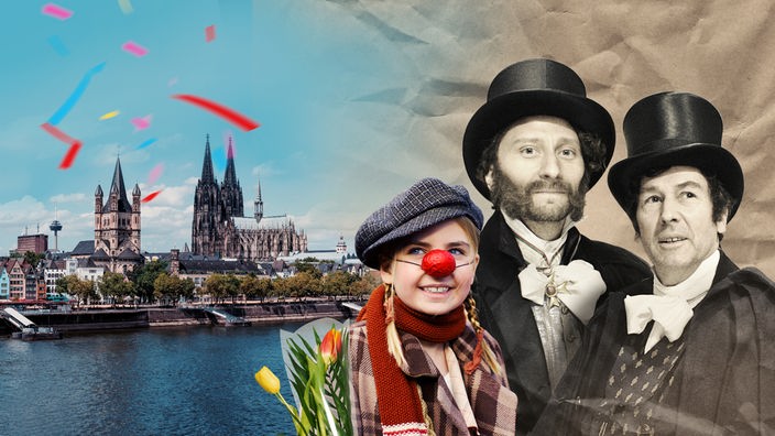 Eine Collage zeigt das Kölner Rheinpanorama mit dem Dom sowie eine junge Frau mit Clownsnase und zwei Schauspieler in eleganter Kleidung des frühen 19. Jahrhunderts
