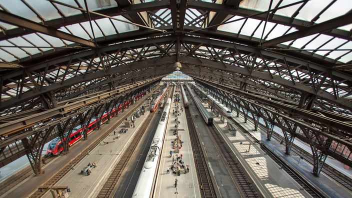 Blick auf die Gleise des Kölner Haupbahnhofs und seiner Eisendachkonstruktion.