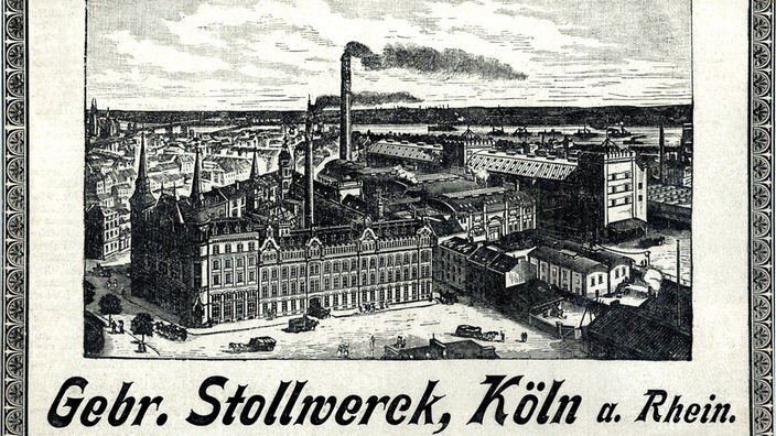 sw: Eine historische Zeitungsannonce mit dem Werksgelände und dem Firmennamen Gebr. Stollwerck, Köln