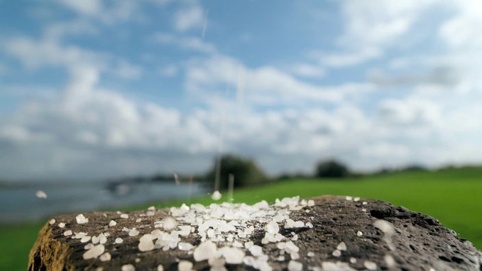 Salzkristalle liegen auf einem Stein, im Hintergrund ein Fluss und Grasufer