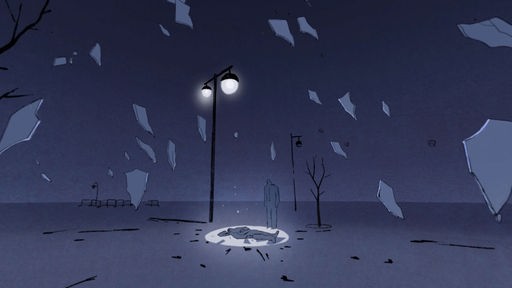 Zeichnung: Scherben fliegen - unter einer Laterne steht ein Helfer nebem einem Opfer