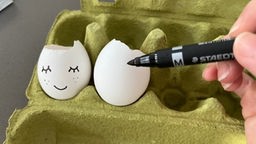 Eierkarton mit zwei bemalten Eierschalen