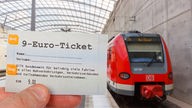 Neun-Euro-Ticket vor einer S-Bahn gehalten