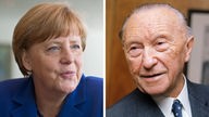Die Bildkombo zeigt Bundeskanzlerin Angela Merkel (l, CDU, am 02.06.2015 in Berlin) und den ehemaligen CDU-Vorsitzenden Bundeskanzler Konrad Adenauer (Anfang 1966 in Bonn).