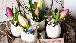 Frühlingshafte Tischdekoration mit Gänseeiern als Blumenvasen mit bunten Blümchen.