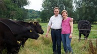 Ehepaar Böckelmann mit Angus Rindern. 