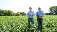 Gemüsehof  Bleckmann, Vater und Sohn stehen auf dem Feld. 