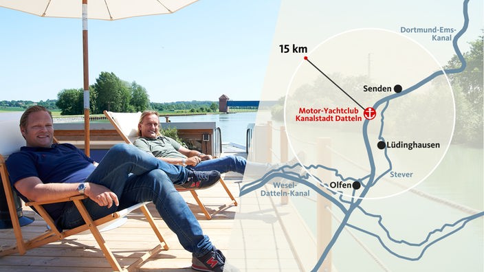 Björn Freitag und Frank Buchholz auf dem Hausboot, darüber eine Grafik mit der Route und dem Ankerplatz in Datteln