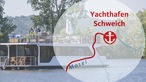 Karte mit Grafik "Hafen Schweich", im Hintergrund das Hausboot auf der Mosel. 