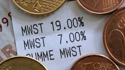 Ein Kassenbon mit unterschiedlichen Mehrwertsteuerangaben liegt zunter Euromünzen