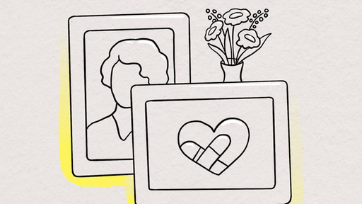Zeichnung: Bild mit Herz, Bild mit Frauenkopf, Blumen