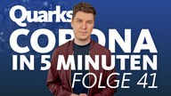 Montage: Jonathan Focke vor Text "Quarks – Corona in 5 Minuten – Folge 41"