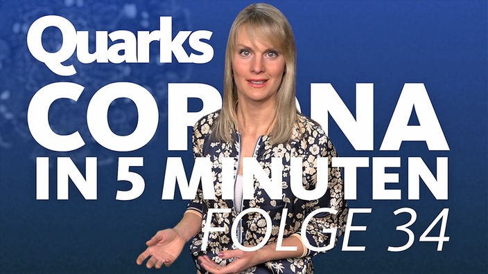 Montage: Lisa Weitemeier vor Text "Quarks – Corona in 5 Minuten – Folge 34"