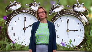 Das Bild zeigt Yvonne Willicks im Servicezeit-Fernsehstudio. Im Hintergrund sind zwei Uhren zu sehen. 