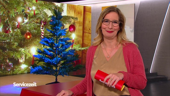 Auf dem Bild sieht man die Moderatorin im SZ Studio mit einem Weihnachtsbaum im Hintergrund
