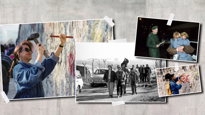 Mehrere historische Bilder sind auf einem Hintergrund angeordnet, wie Polaroids auf einer Pinnwand