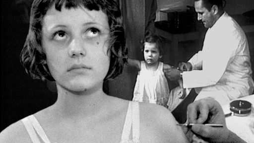 Collage aus Archivbildern aus den 1960er Jahren, ein Mädchen bekommt eine Spritze in den Oberarm, ein Arzt untersucht ein kleines Kind