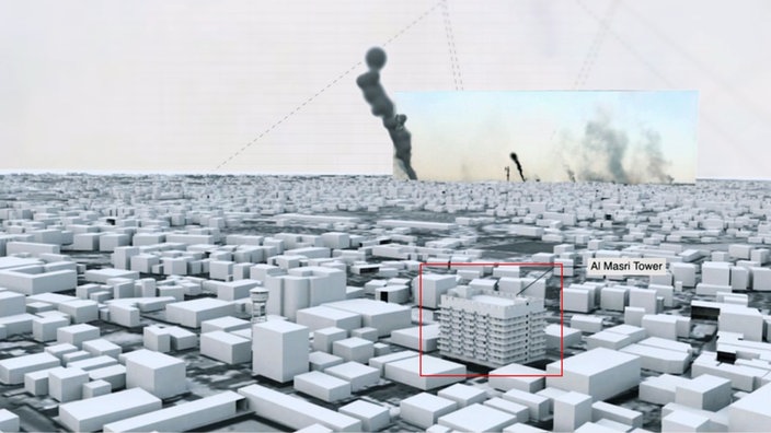 3D-Modell mit Rauchwolken und gekennzeichnetem Gebäude