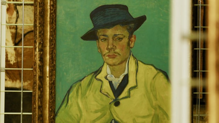 Blick auf ein Van-Gogh-Gemälde, das einen schnurrbärtigen jungen Mann mit Hut zeigt
