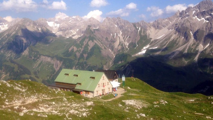 Mindelheimer Hütte vor Bergpanorama