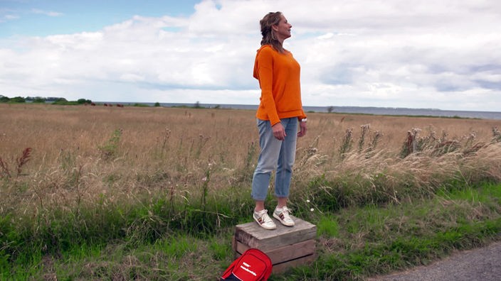 Tamina Kallert steht auf einer Kiste und schaut über die flache Landschaft Lollands