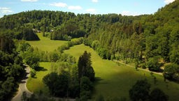 Hügelige Wald-Wiesen-Landschaft