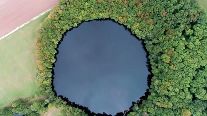 Blick von oben auf einen kreisrunden See, umgeben von dichtem Baumbestand