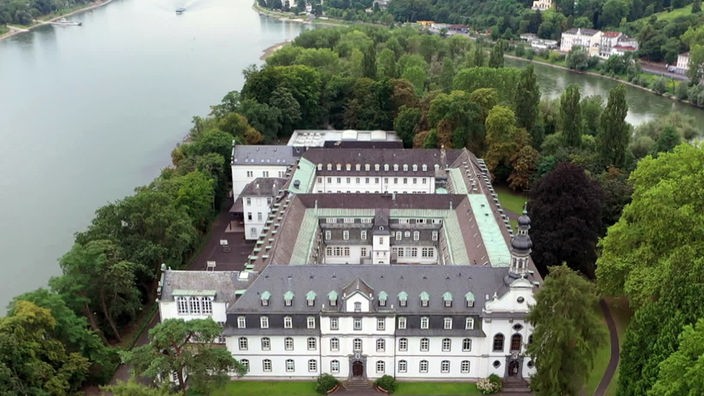 Blick von oben auf Klosteranlage auf einer bewaldeten Rheininsel