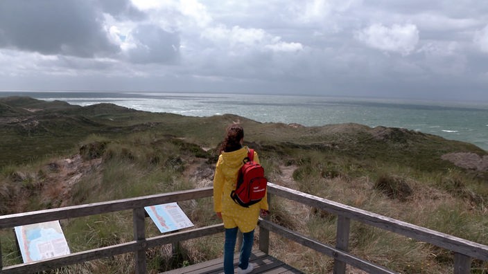 Anne Willmes steht auf einer Aussichtsplattform in den Dünen und schaut aufs Meer