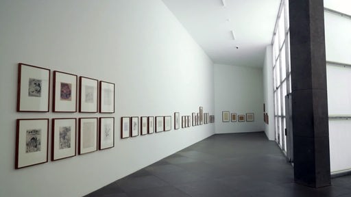 Ausstellungsraum mit einer langen Reihe gerahmter Bilder auf der Museumsinsel Hombroich