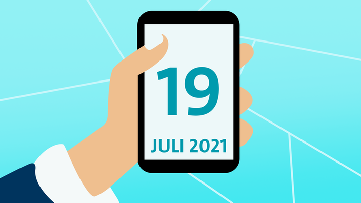 Illustration:Hand mit Smartphone, Datum 19. Juli 2021 im Display