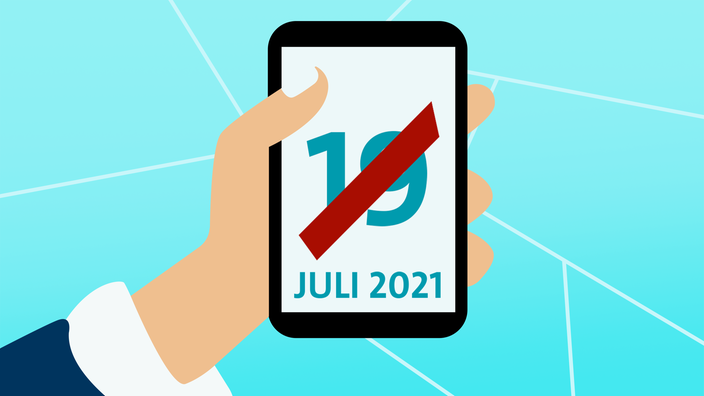 Illustration:Hand mit Smartphone, durchgestrichenens Datum 19. Juli 2021 im Display