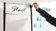Illustration:Hand mit Stift malt ein Startpictogramm auf ein Board mit Post Its