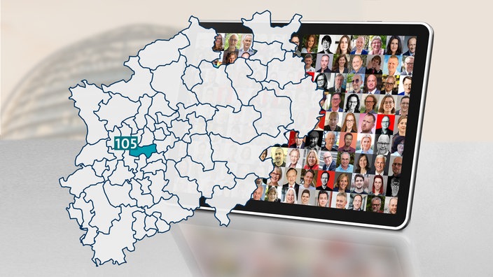 Montage: NRW Karte mit Highlight Wahlkreis 105. Collage mit einer Auswahl an Teilnehmenden am Kandidat:innen-Check in einem Tablet vor der Bundestagskuppel.