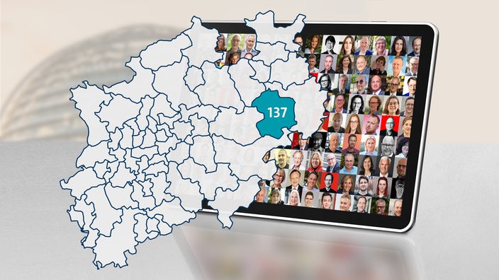 Montage: NRW Karte mit Highlight Wahlkreis 137. Collage mit einer Auswahl an Teilnehmenden am Kandidat:innen-Check in einem Tablet vor der Bundestagskuppel