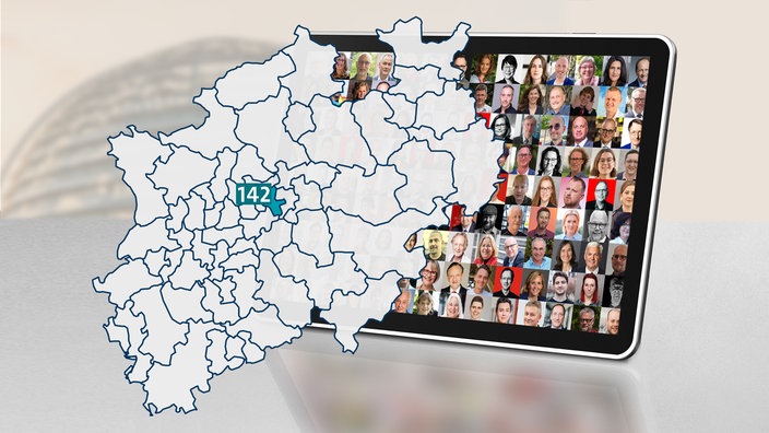 Montage: NRW Karte mit Highlight Wahlkreis 142. Collage mit einer Auswahl an Teilnehmenden am Kandidat:innen-Check in einem Tablet vor der Bundestagskuppel