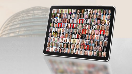 Montage: Collage mit einer Auswahl an Teilnehmenden am Kandidat:innen-Check in einem Tablet vor der Bundestagskuppel