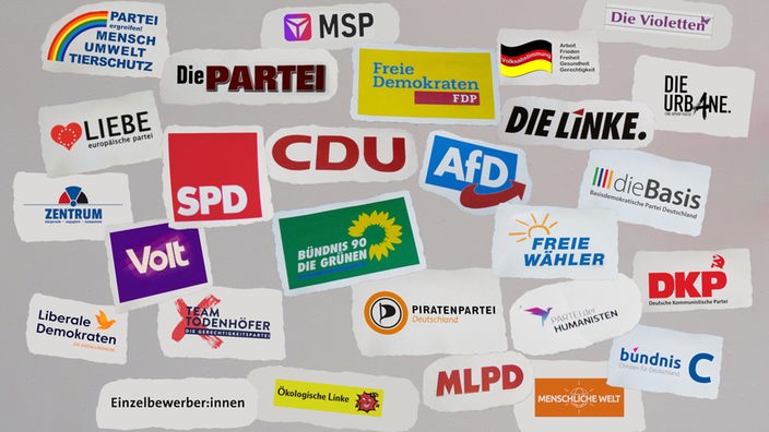 Eine Collage zeigt die bunten Logos der Parteien mit Direktkandidat:innen bei der NRW-Landtagswahl 2022