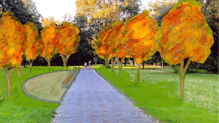 Die GEdenkstätte in Krefeld, wie sie in Zukunft aussehen soll. Besonders auffällig sind die elf Bäume mit orangenen Blättern.