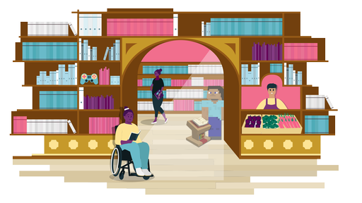 Das Bild zeigt die Illustration einer Bibliothek, in der es Bücher, Gaming und einen Gemüsestand gibt.