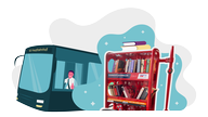 In einem Linienbus steht hinter dem Fahrersitz ein Regal mit Büchern