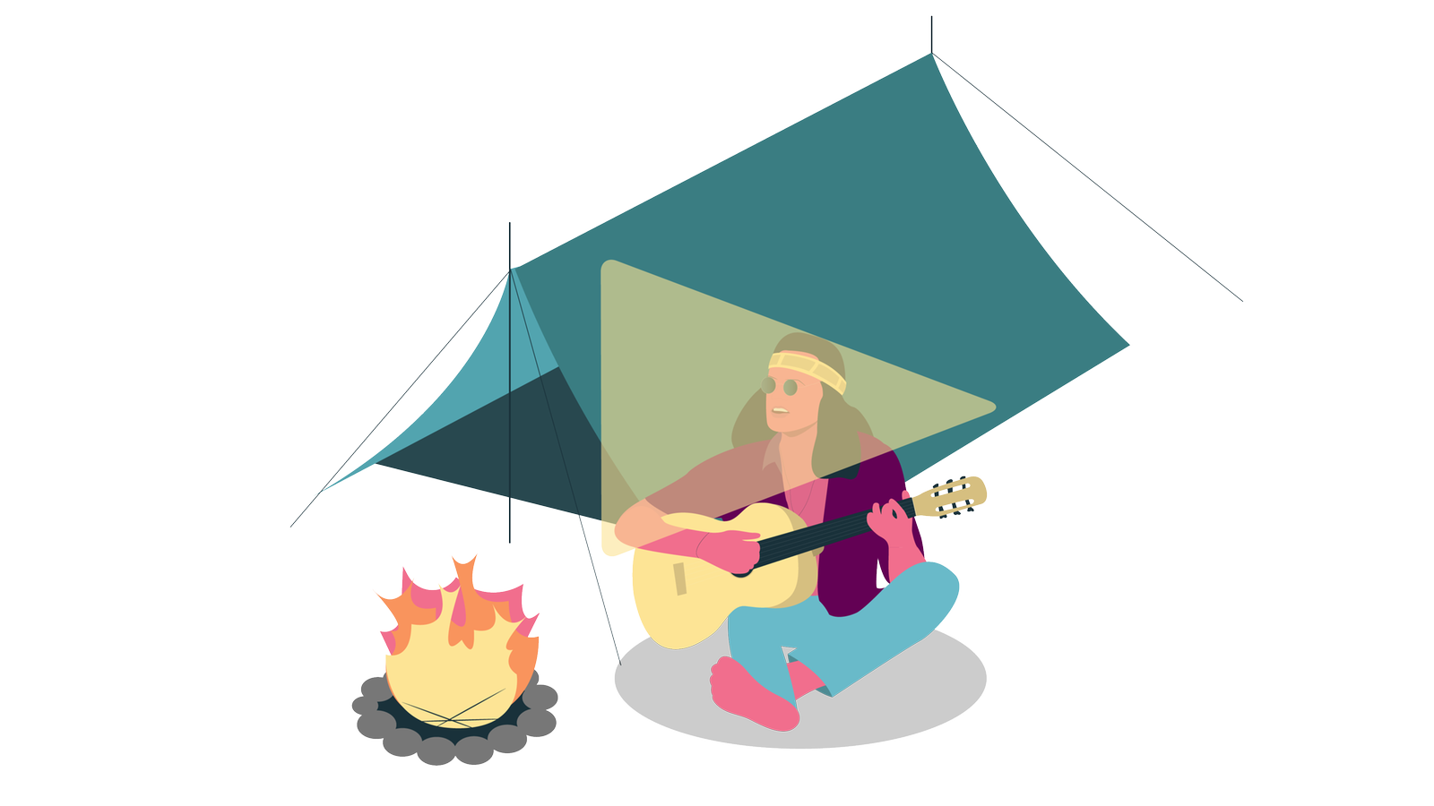 Eine Illustration von einem Mann mit Gitarre, der vor einem Lagerfeuer und einem Zelt sitzt.