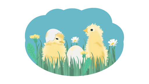 Das Bild zeigt eine Grafik von zwei Küken, die im Gras sitzen. In der Mitte ist ein Ei. Das linke Küken trägt eine Eierschale auf dem Kopf.