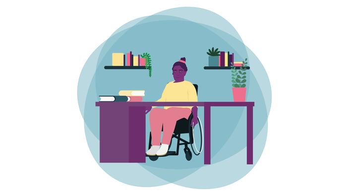 Auf dem Bild ist eine Illustration einer Frau im Rollstuhl am Schreibtisch zu sehen.